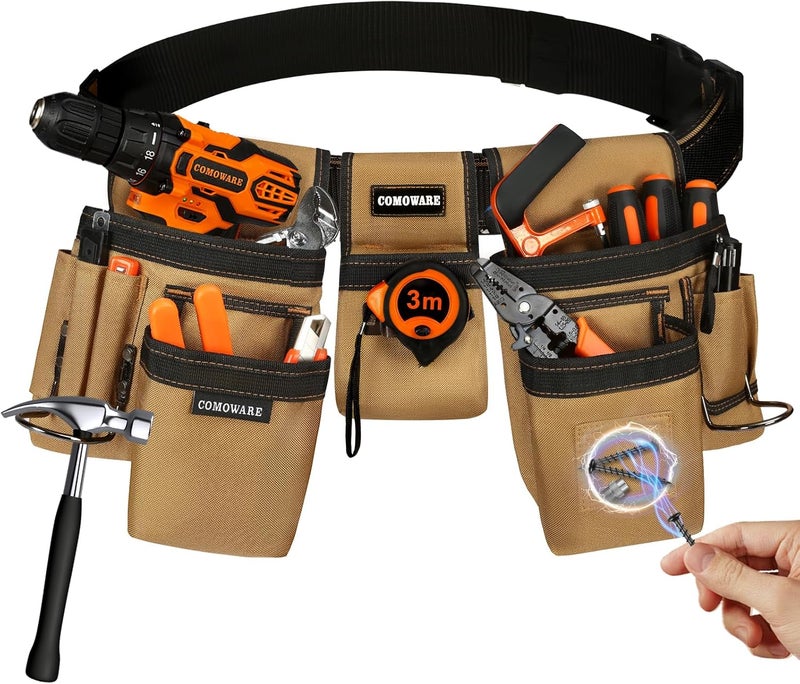 COMOWARE Tool Belt for Electricians & Construction Workers, Adjustable Heavy Duty Work Belt with Magnetic Zone, 17-Pocket Detachable System, Padded 600D Polyester Tool Belt for Men, Coffee Brown - Image 1